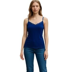 Y2K Vtg Express sexy stretch Cami tank top lace trim Blue Sz Small Dainty fairy